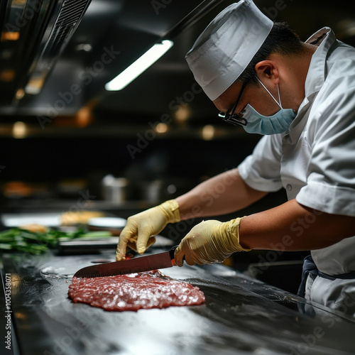 Japanaese Chef preparing fresh meat in a professional kitchen environment. photo