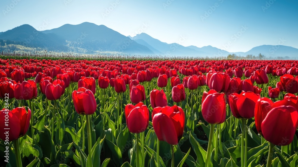 A vast field bursts with red tulips in full bloom, stretching towards the horizon under a clear blue sky, with majestic mountains rising in the distance A vast field bursts with red tulips in full bloom, stretching towards the horizon under a clear blue sky, with majestic mountains rising in the distance