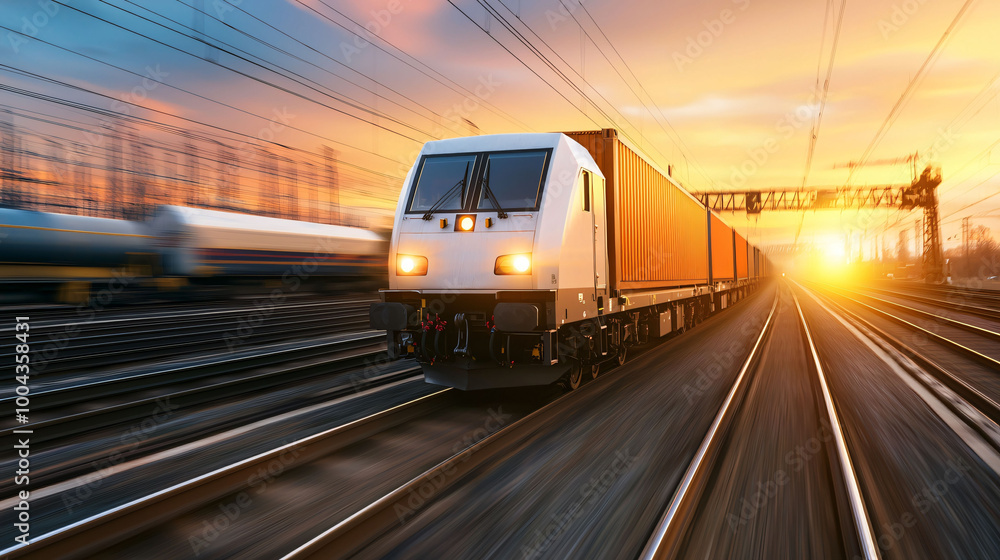 Naklejka premium High speed trains carrying goods through industrial area at sunset