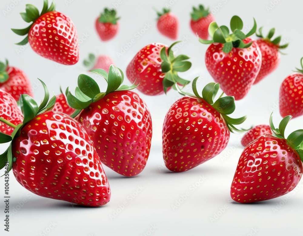 Close-up of vibrant, juicy strawberries with lush green leaves, showcasing their freshness and natural texture against a clean white background Close-up of vibrant, juicy strawberries with lush green leaves, showcasing their freshness and natural texture against a clean white background