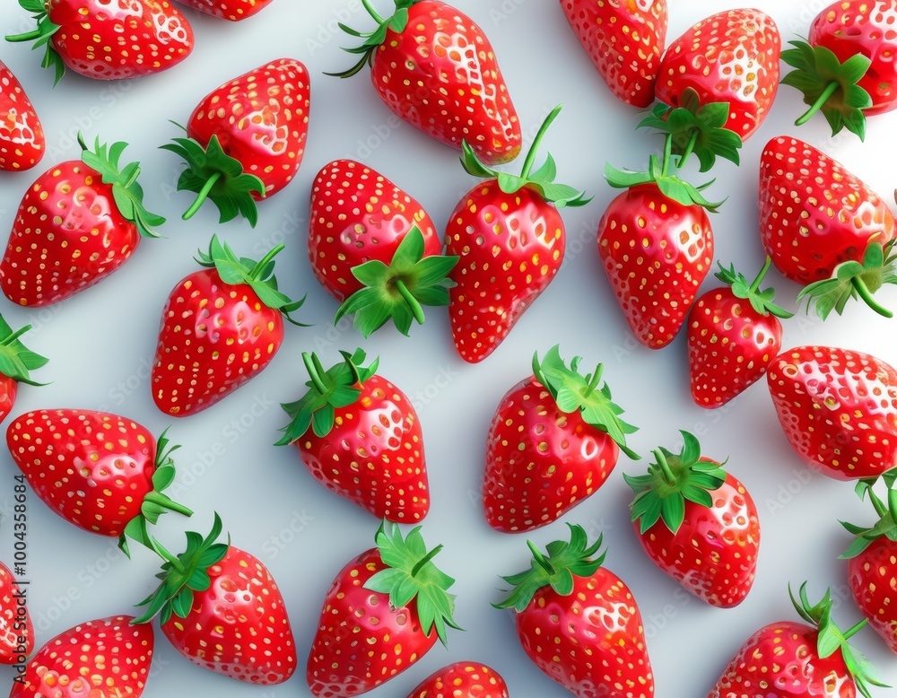Close-up of vibrant, juicy strawberries with lush green leaves, showcasing their freshness and natural texture against a clean white background Close-up of vibrant, juicy strawberries with lush green leaves, showcasing their freshness and natural texture against a clean white background
