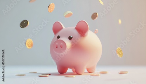 Cute Pink Piggy Bank with Coins Falling, AI generated illustration