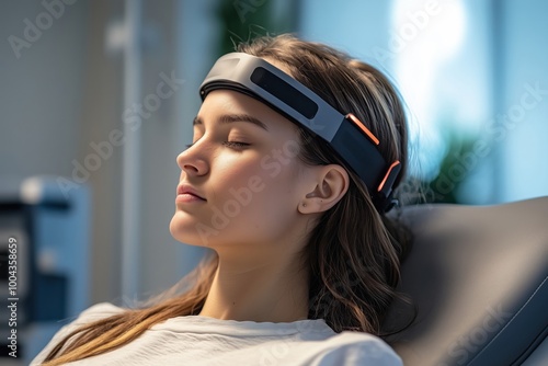 Woman Relaxing with a Brain Stimulation Device photo