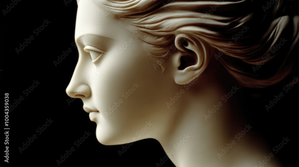 Fototapeta premium A profile view of a classical marble bust, showcasing intricate craftsmanship and timeless beauty, set against a dark background, evoking a sense of contemplation.