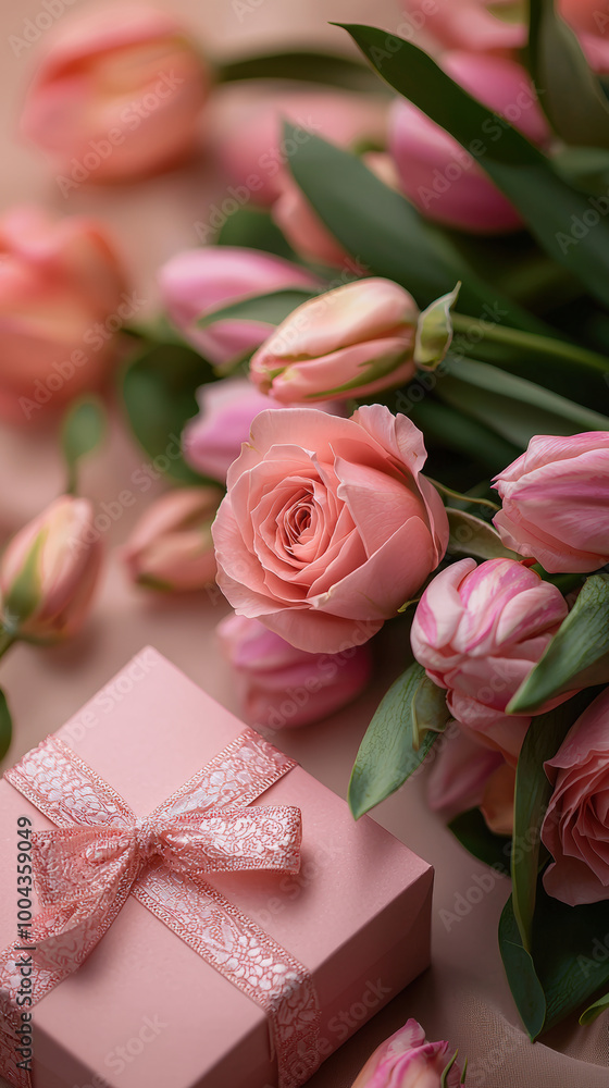 A beautiful bouquet of pink roses and tulips arranged elegantly beside gift box. soft colors and delicate petals create romantic and joyful atmosphere, perfect for celebrations A beautiful bouquet of pink roses and tulips arranged elegantly beside gift box. soft colors and delicate petals create romantic and joyful atmosphere, perfect for celebrations