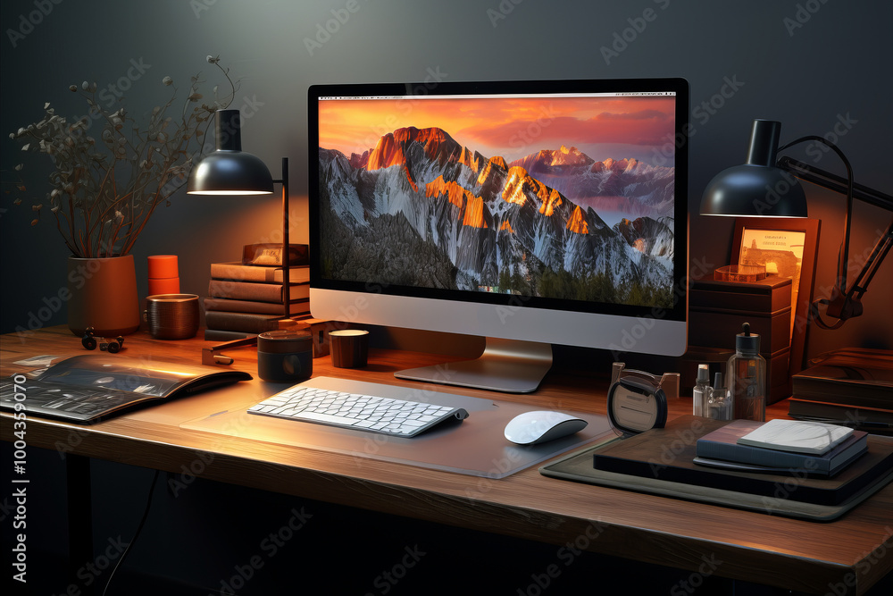 A modern, minimalist desk setup featuring a large monitor displaying a mountain landscape, warm ambient lighting, neatly arranged books, and desk accessories, creating a cozy and organized workspace. A modern, minimalist desk setup featuring a large monitor displaying a mountain landscape, warm ambient lighting, neatly arranged books, and desk accessories, creating a cozy and organized workspace.