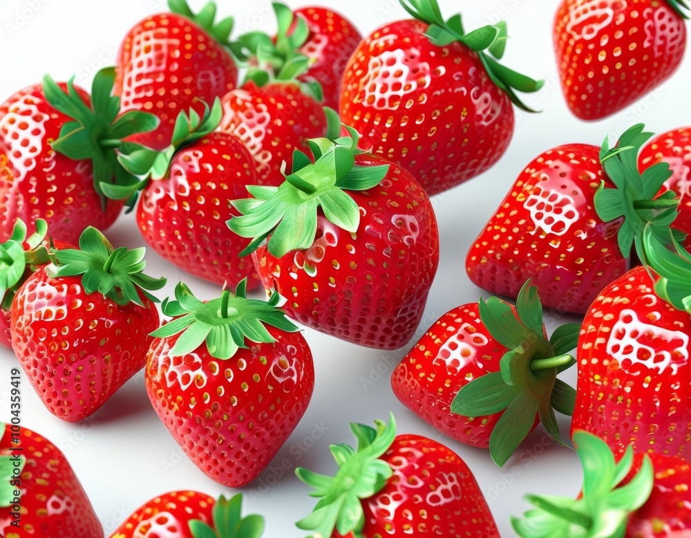 Close-up of vibrant, juicy strawberries with lush green leaves, showcasing their freshness and natural texture against a clean white background Close-up of vibrant, juicy strawberries with lush green leaves, showcasing their freshness and natural texture against a clean white background