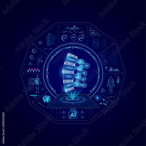 Health care medical technology. Spine joint bone on CT or MRI Scan. Ultrasound analysis organ. Diagnosis treatment of magnetic resonance radiologist concept. Hologram hi tech digital interface vector.