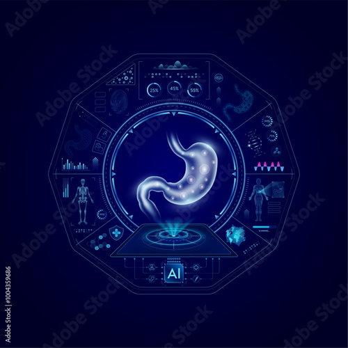 Health care medical technology. Human stomach on CT or MRI Scan. Ultrasound analysis organ. Diagnosis treatment of magnetic resonance radiologist concept. Hologram hi tech digital interface vector.