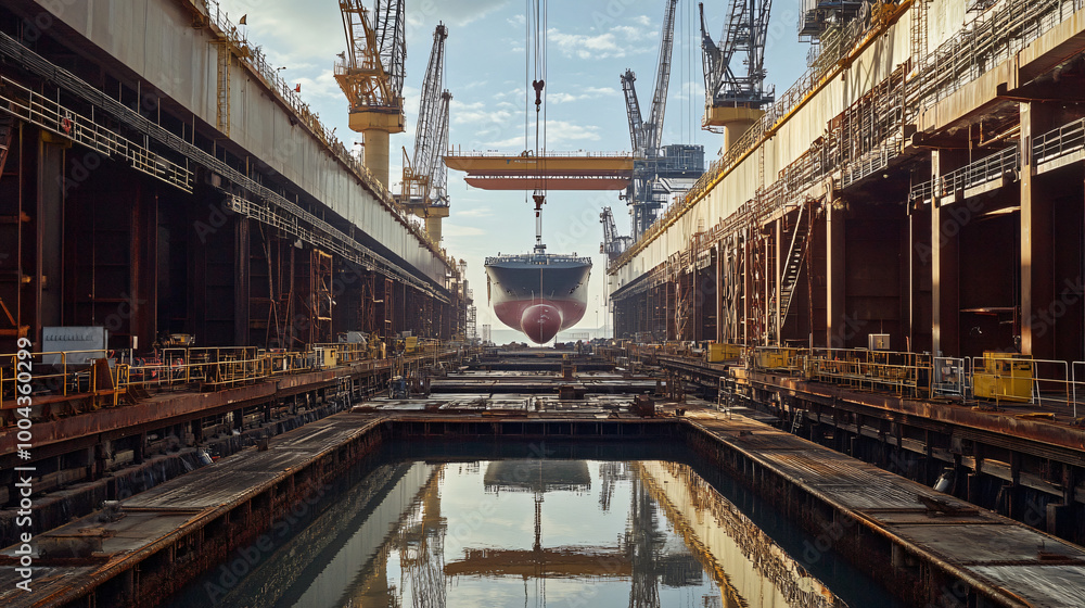 Naklejka premium A shipbuilding dock with cranes lifting massive components. 
