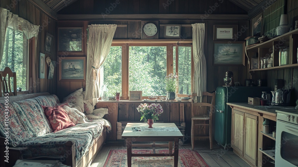 Fototapeta premium Cozy cabin interior with natural light and decor.
