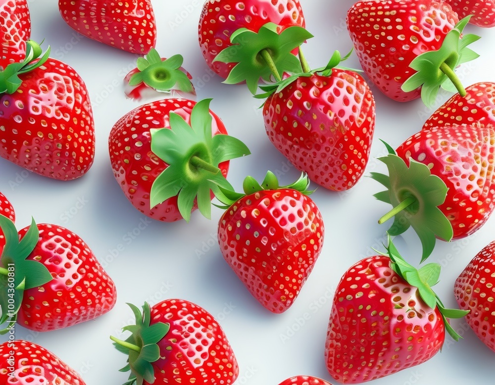 Close-up of vibrant, juicy strawberries with lush green leaves, showcasing their freshness and natural texture against a clean white background Close-up of vibrant, juicy strawberries with lush green leaves, showcasing their freshness and natural texture against a clean white background