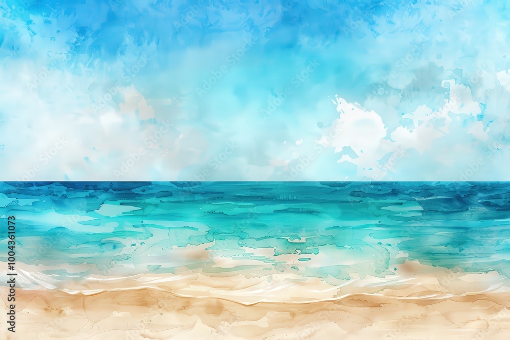 Fototapeta premium A painting of a beach with a blue ocean and a cloudy sky, generative ai image
