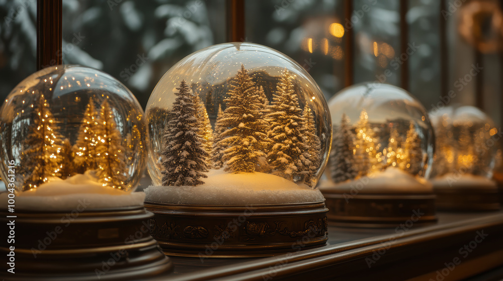 A row of snow globes with trees inside them. The snow is lit up, creating a warm and cozy atmosphere A row of snow globes with trees inside them. The snow is lit up, creating a warm and cozy atmosphere