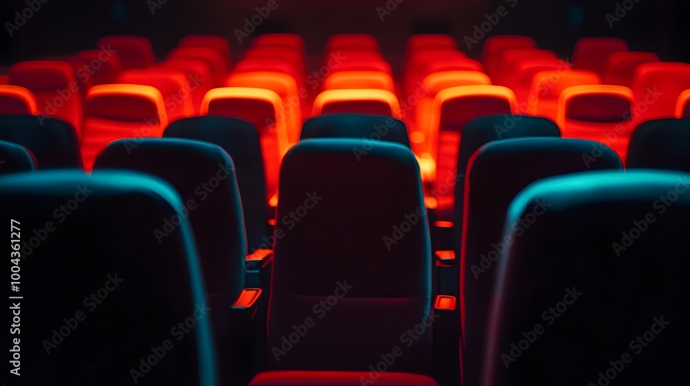 Fototapeta premium Rows of Red Upholstered Seats in an Empty Movie Theater Auditorium