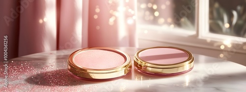 A close-up of two shimmering pink compact powder jars with golden frames, resting on an elegant marble surface in front of a window that reveals the soft glow of dawn light filtering through curtains