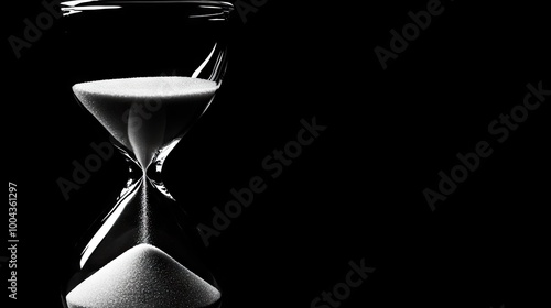 Close-up of a sleek hourglass with sand flowing through, representing the passage of time and countdowns in a modern