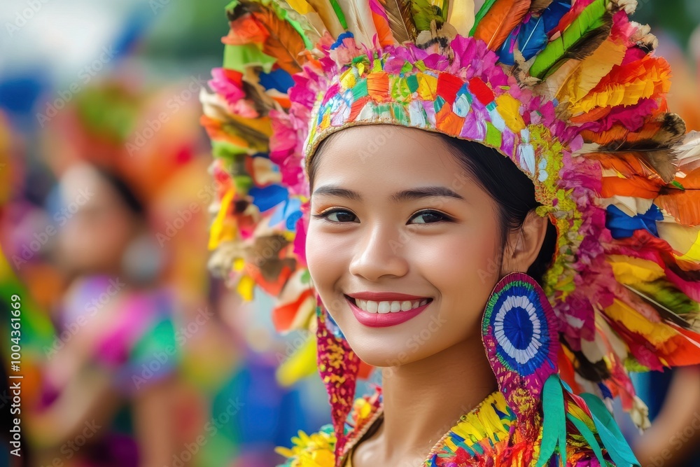 A woman wearing a colorful headdress and earrings is smiling. Concept of joy and celebration A woman wearing a colorful headdress and earrings is smiling. Concept of joy and celebration