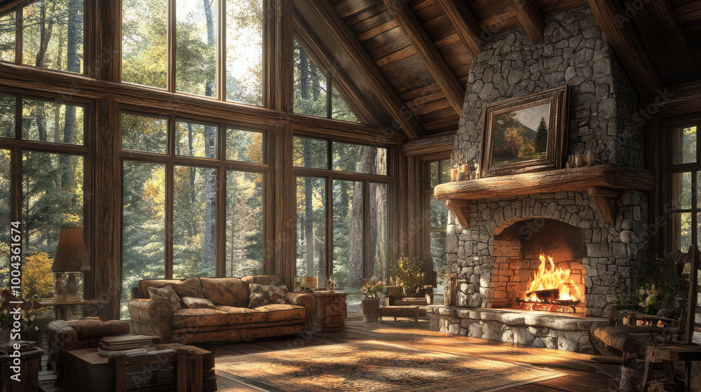 Cozy living room with warm stone fireplace in rustic cabin surrounded by forest. Cozy living room with warm stone fireplace in rustic cabin surrounded by forest.