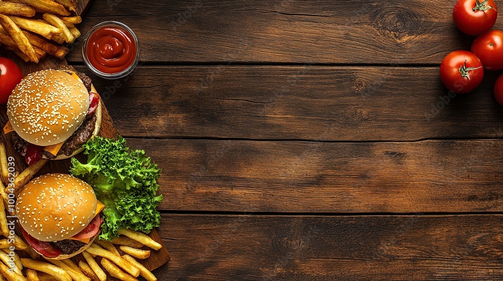 Delicious burgers and fries on a wooden table. Delicious burgers and fries on a wooden table.