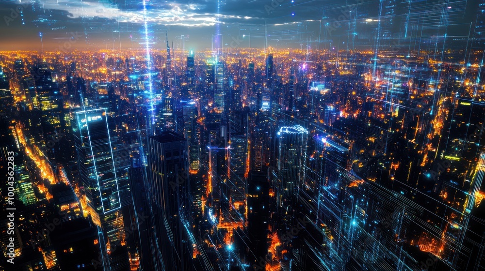 Cityscape at Night with Digital Overlays Cityscape at Night with Digital Overlays