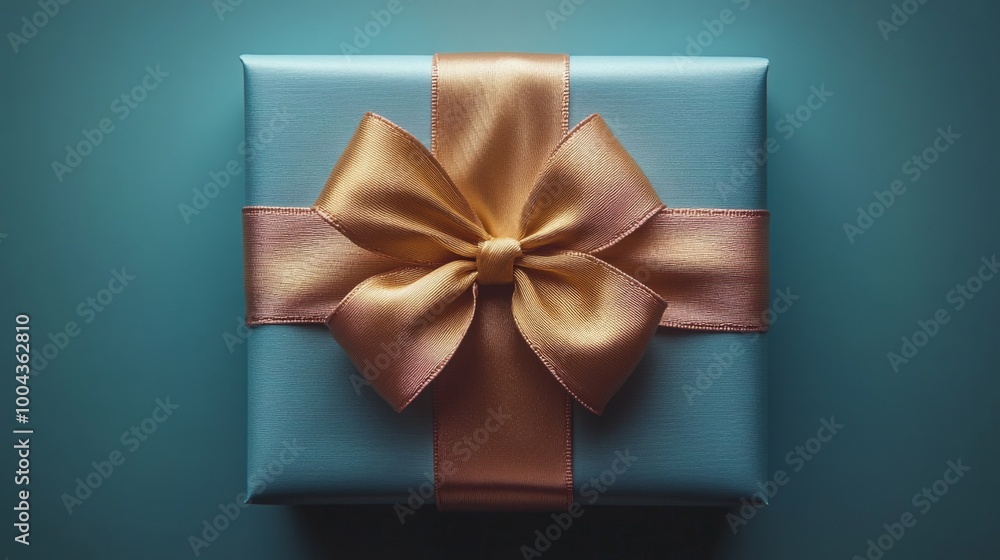 Gift box with gold ribbon on teal Gift box with gold ribbon on teal
