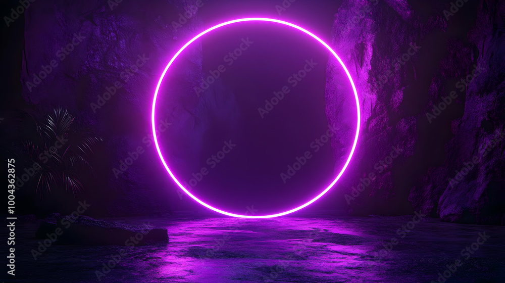 Abstract 3D Background with Neon Ring and Purple Landscape Abstract 3D Background with Neon Ring and Purple Landscape