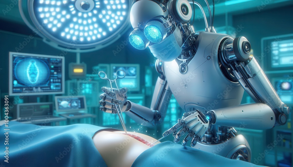 Fototapeta premium A masked robot surgeon conducts surgery with advanced tools in a futuristic operating room...Concept: AI in healthcare, robotic surgery, future of medicine.