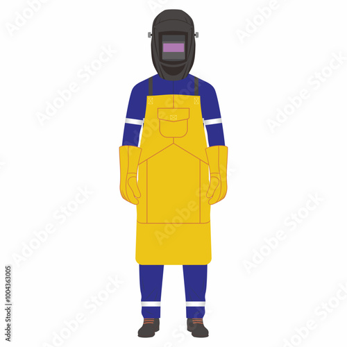 Industrial and construction worker with complete welding work personal protective equipment for safety. Mask, gloves, apron for body wear.