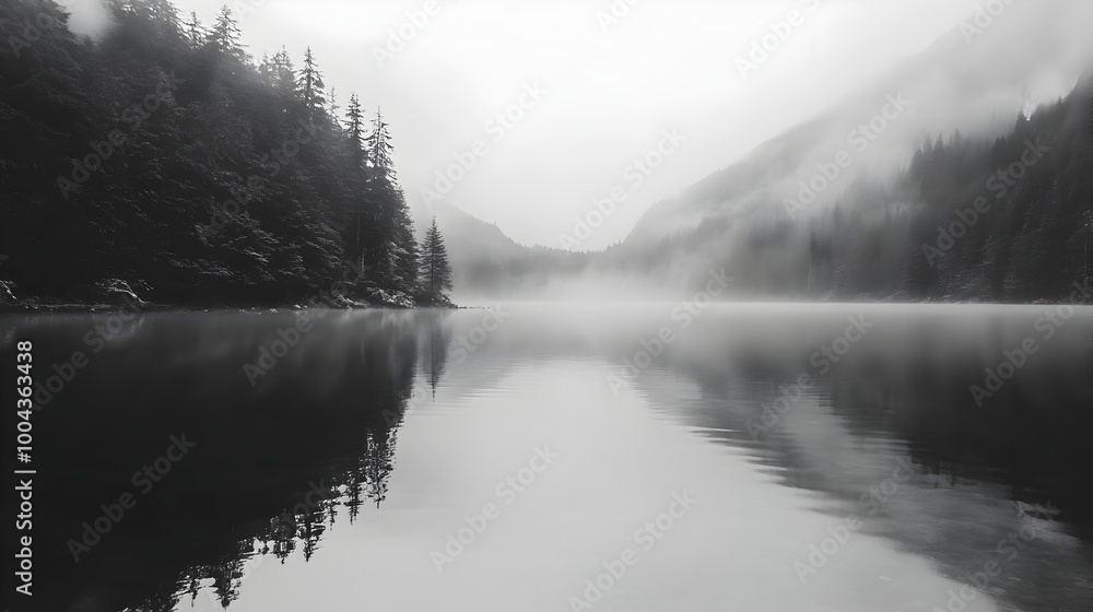Fototapeta premium Misty Lakeside Landscape in Serene Wilderness