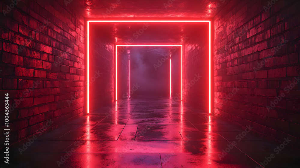 Red Neon Lights in Brick Tunnel 3D Illustration Red Neon Lights in Brick Tunnel 3D Illustration