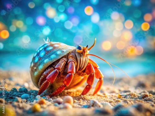 Unique hermit crab exploring its environment without a shell in a sandy coastal habitat photo