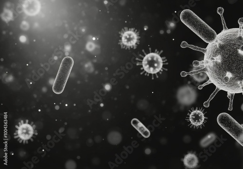 Close-up view of bacteria and viruses under a microscope in a dark background...