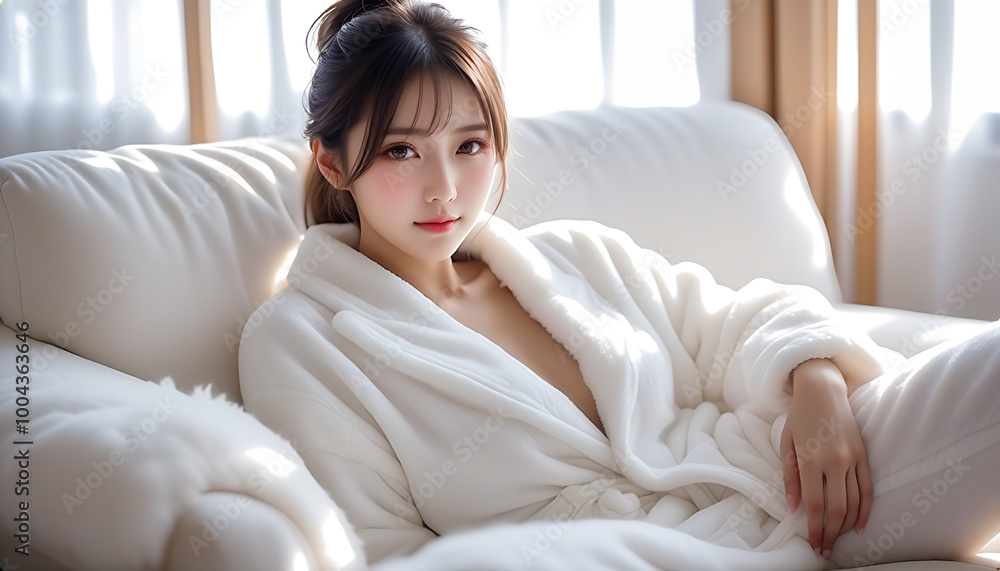 A beautiful woman relaxing on a white sofa in a living room with the morning sun shining in. Loungewear. Fluffy pajamas. Winter atmosphere.朝日の差し込むリビングルームの白色のソファでくつろぐ綺麗な女性。部屋着。モコモコのパジャマ。冬の雰囲気。 A beautiful woman relaxing on a white sofa in a living room with the morning sun shining in. Loungewear. Fluffy pajamas. Winter atmosphere.朝日の差し込むリビングルームの白色のソファでくつろぐ綺麗な女性。部屋着。モコモコのパジャマ。冬の雰囲気。