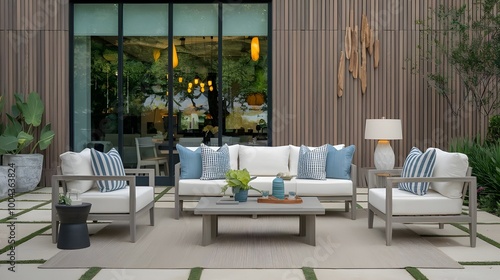 Stylish enterior design background. Outdoor furniture and decor on a modern patio
