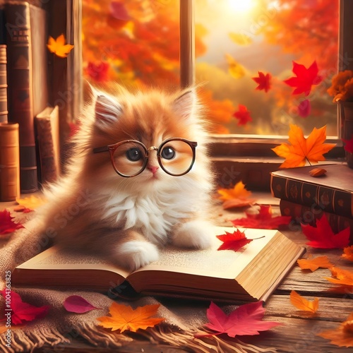 gatto con occhiali legge un libro in autunno