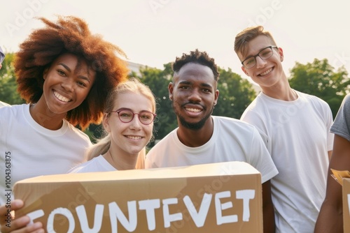 Volunteering wearing blank white cardboard people adult. photo