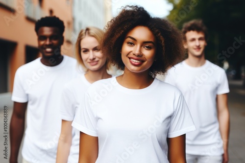 People group volunteer wearing blank white t-shirt adult togetherness. photo