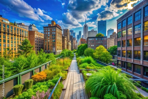 Urban High Line Park with Lush Greenery and Scenic Views of City Skyline on a Sunny Day