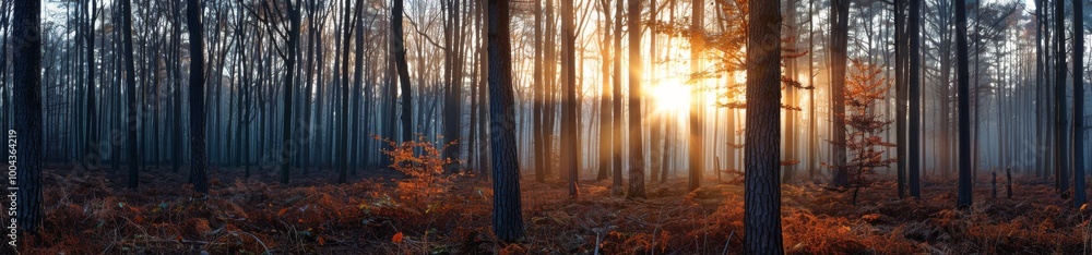Sunrise Illuminating a Misty Forest With Tall Trees and Golden Light Sunrise Illuminating a Misty Forest With Tall Trees and Golden Light