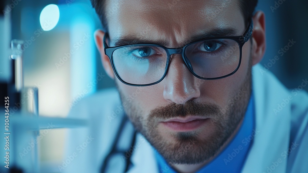 Focused male scientist examining equipment closely.