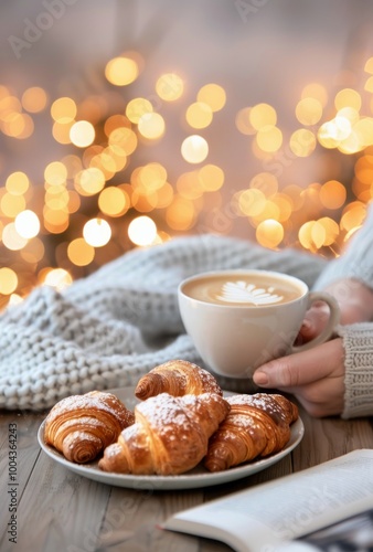 Warm Croissants and Coffee on a Cozy Table With Soft Bokeh Lights