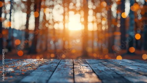 Autumn Leaves Glowing in Sunset Light at a Wooden Table in a Forest