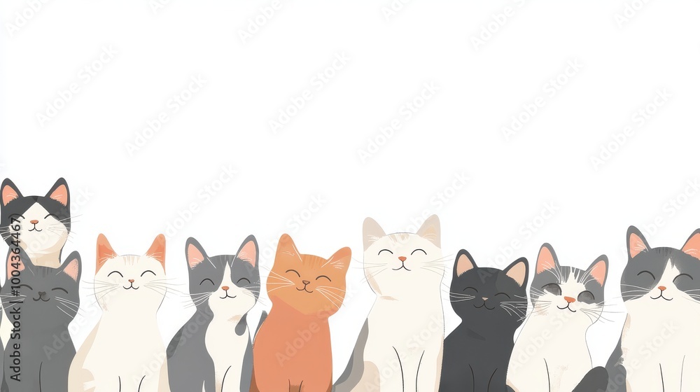A group of cats are sitting in a row, with one cat looking at the camera. The cats are all different colors and sizes, and they seem to be enjoying each other's company. The image has a playful A group of cats are sitting in a row, with one cat looking at the camera. The cats are all different colors and sizes, and they seem to be enjoying each other's company. The image has a playful