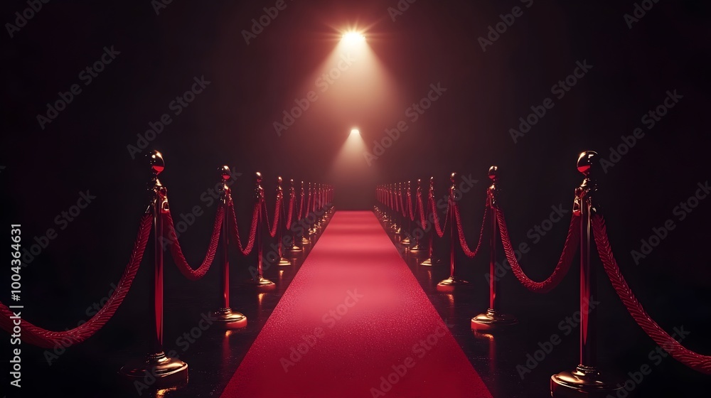Majestic Red Carpet Runway Illuminated by Spotlights for Prestigious Ceremony or Event Majestic Red Carpet Runway Illuminated by Spotlights for Prestigious Ceremony or Event