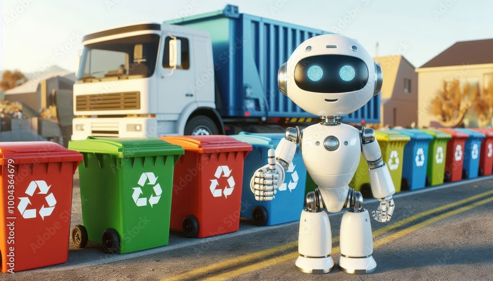 Fototapeta premium A friendly robot stands beside colorful recycling bins and a garbage truck, giving a thumbs-up...Concept: AI in waste management, promoting recycling, robotic environmental solutions.