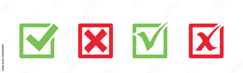 check mark icon button set. check box icon with right and wrong buttons and yes or no checkmark icons in green tick box and red cross check mark icon button set. check box icon with right and wrong buttons and yes or no checkmark icons in green tick box and red cross