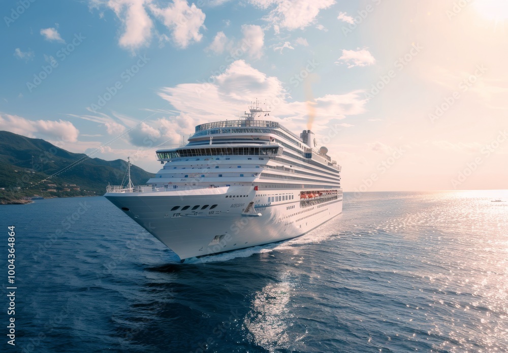 Luxury Cruise Ship Sailing Along Coastal Waters at Sunrise Luxury Cruise Ship Sailing Along Coastal Waters at Sunrise