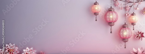 Pink Lanterns Hanging With Floral Decorations in a Serene Setting at Dusk
