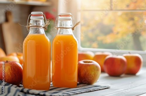 Freshly Bottled Apple Juice With Autumn Leaves and Apples on a Rustic Table